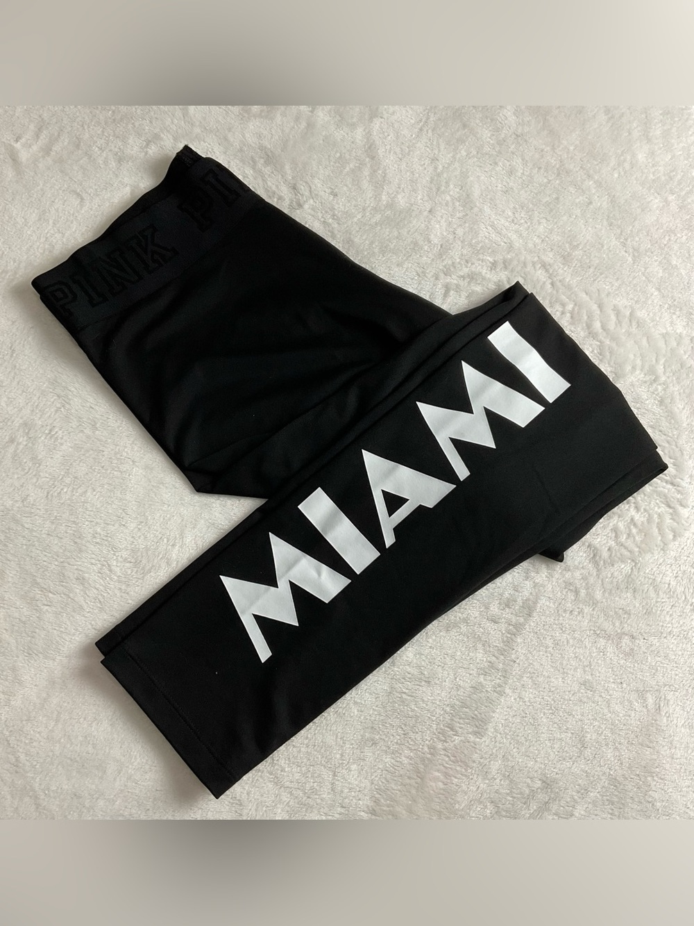 Pink Victoria’s Secret Ultimate Black Leggings Miami Spell Out NWT - Picture 1 of 7